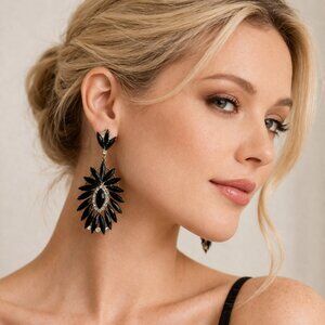 Black Statement Earrings Rhinestone Drop Dangle Gold Tone Glam Vintage Style